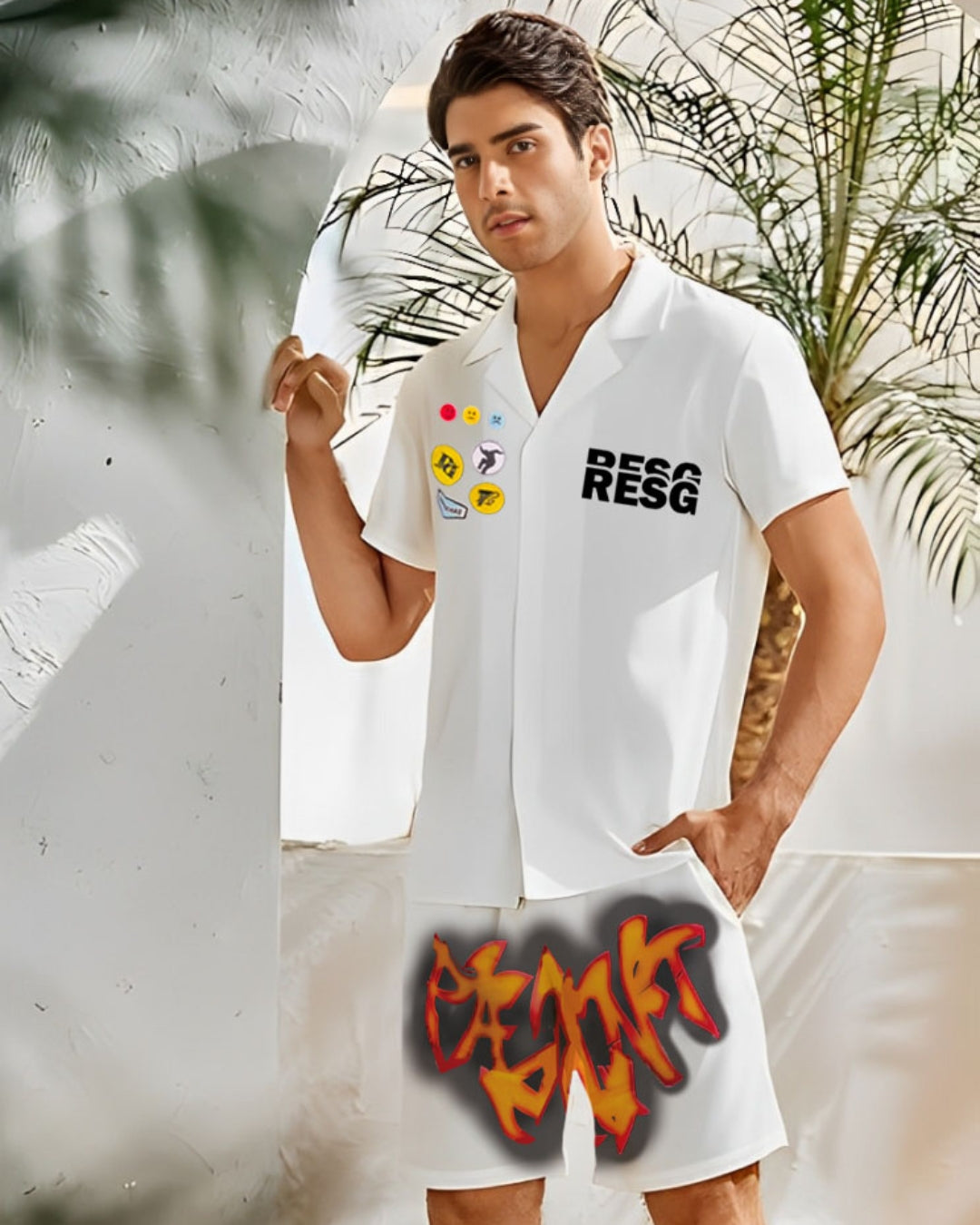 Palm Fire Knitted Shirt White Cord Set