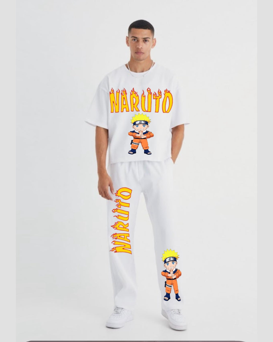 MEN'S NARUTO FIRE OVERSIZED CO-ORD SET - WHITE AND WHITE(*)