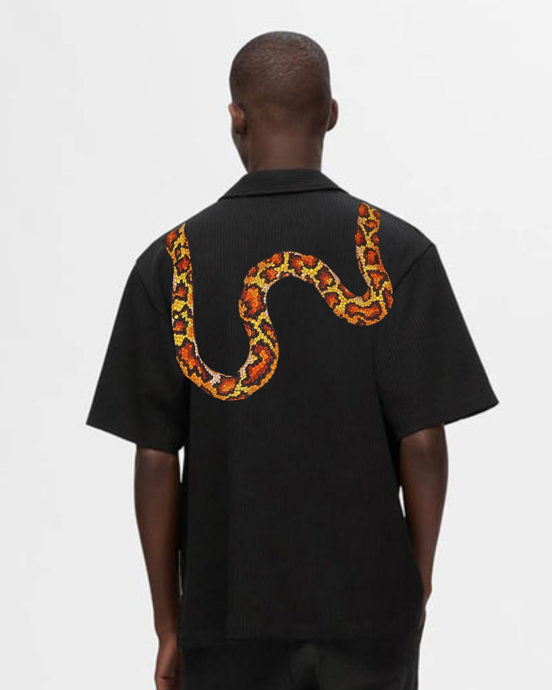 SNAKE PATTERN HALF SLEEVE BLACK OVERSIZED KNITTED SHIRT(*)