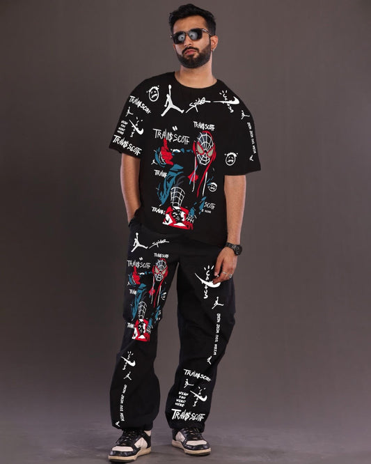 Web Warrior: Black Oversized Men's Co Ord Set(*)