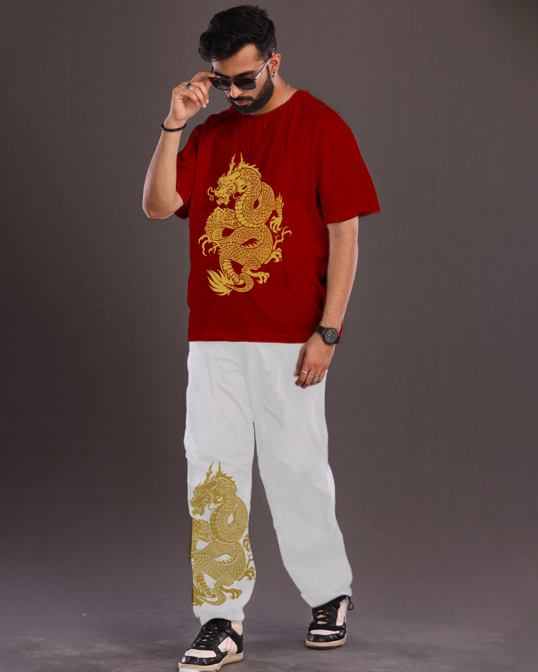 Dragon Saga: Men's Oversized Co Ord Set in Red and White
