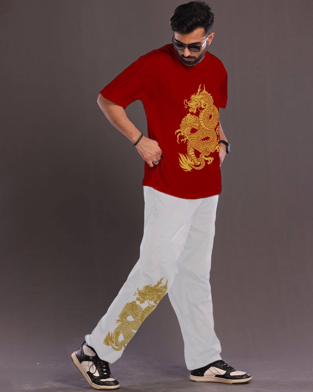 Dragon Saga: Men's Oversized Co Ord Set in Red and White
