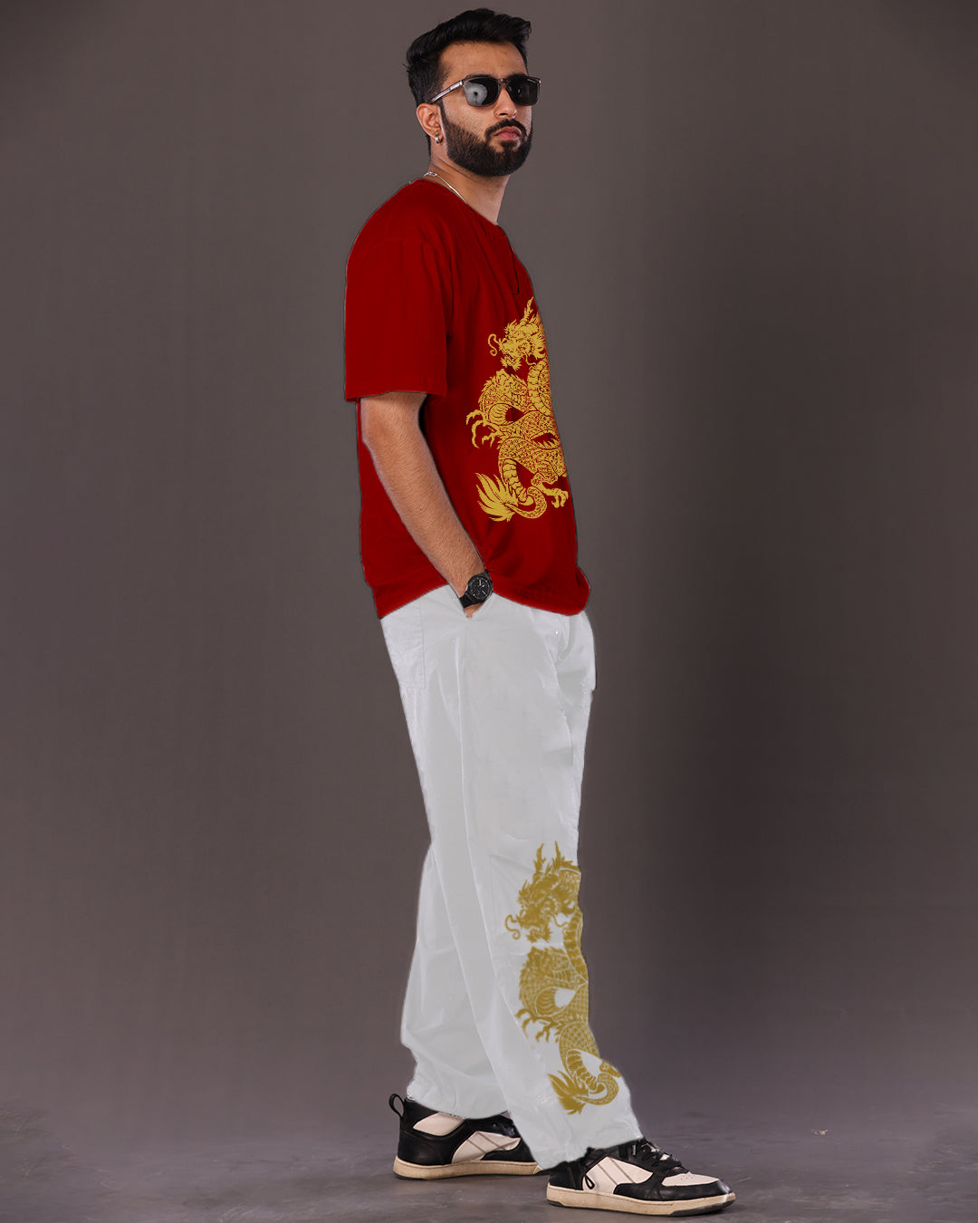 Dragon Saga: Men's Oversized Co Ord Set in Red and White